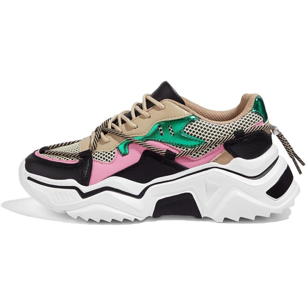 Women's Black Green Platform Colorful Retro Stylish Fashion Sneakers .